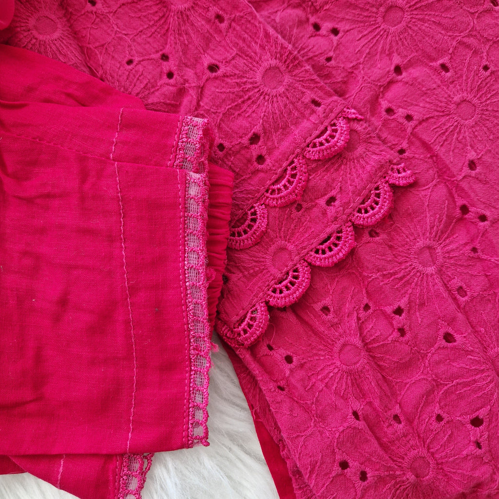 Mother daughter hot pink chikenkari (0-4 years and XS-XXL)