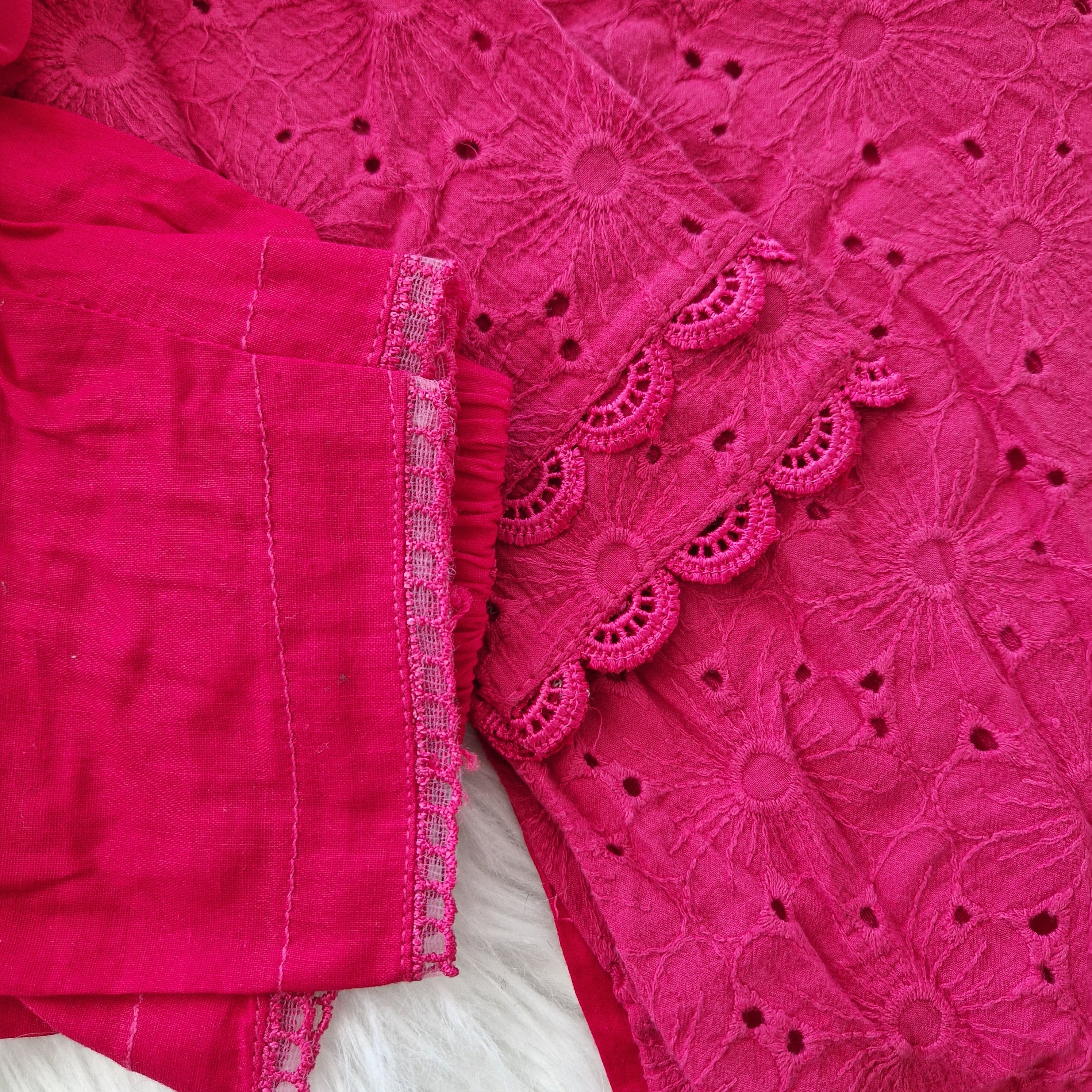 Mother daughter hot pink chikenkari (0-4 years and XS-XXL)