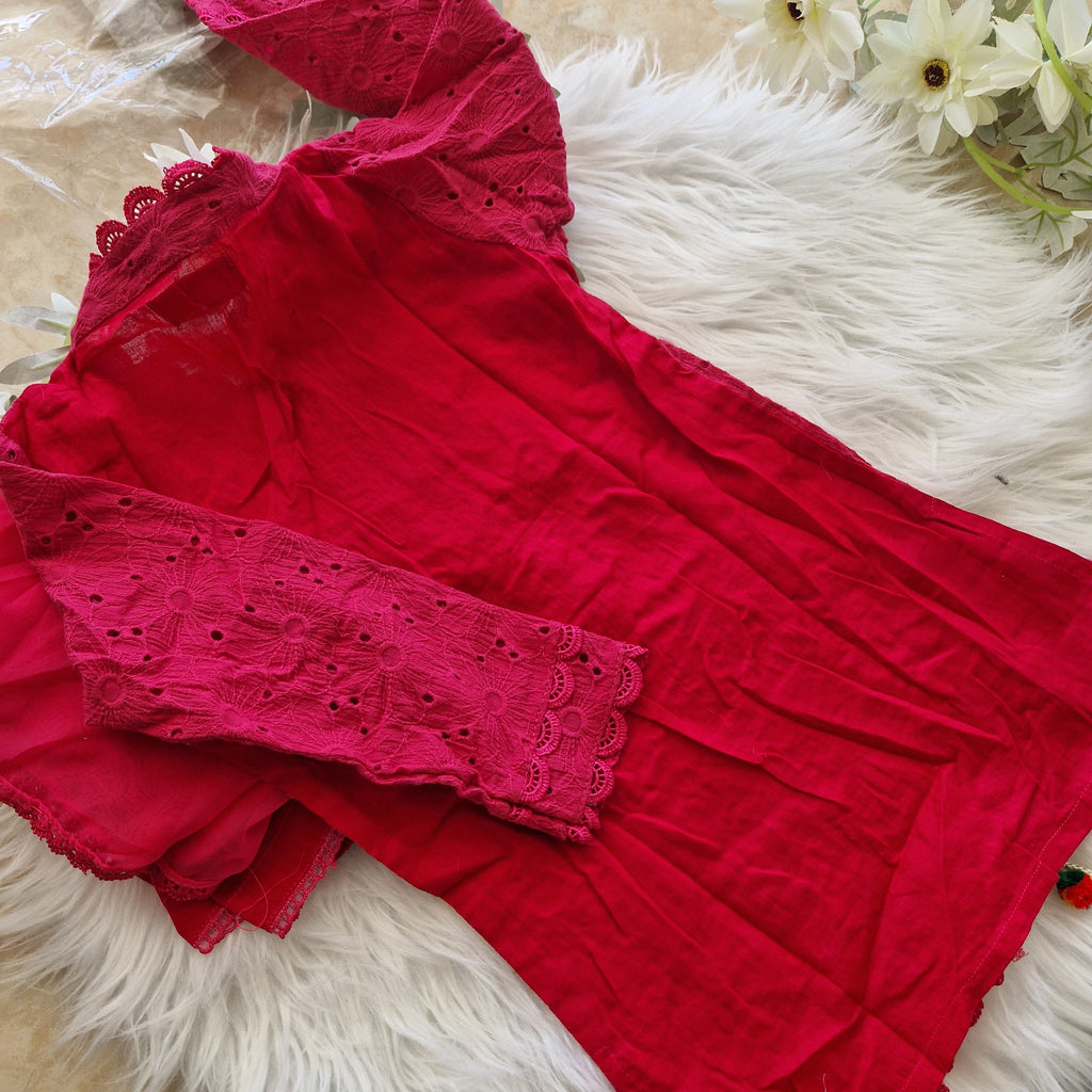 Mother daughter hot pink chikenkari (0-4 years and XS-XXL)