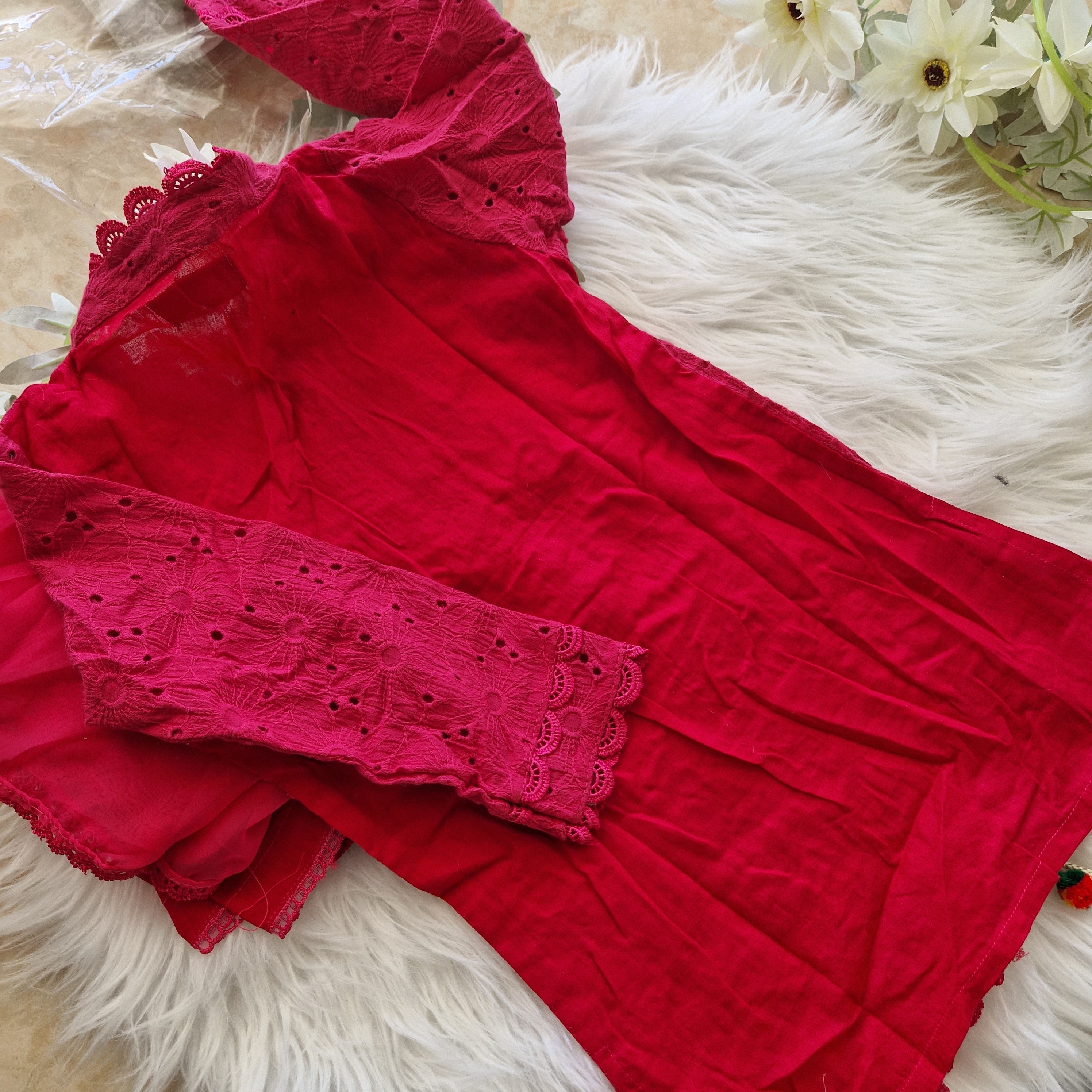 Mother daughter hot pink chikenkari (0-4 years and XS-XXL)