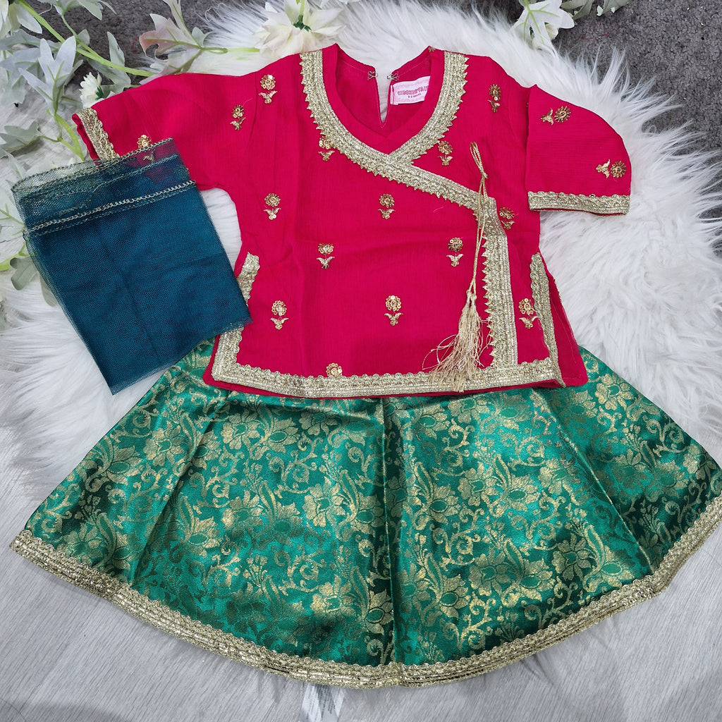 Dark pink and Green lengha(0-4 years)