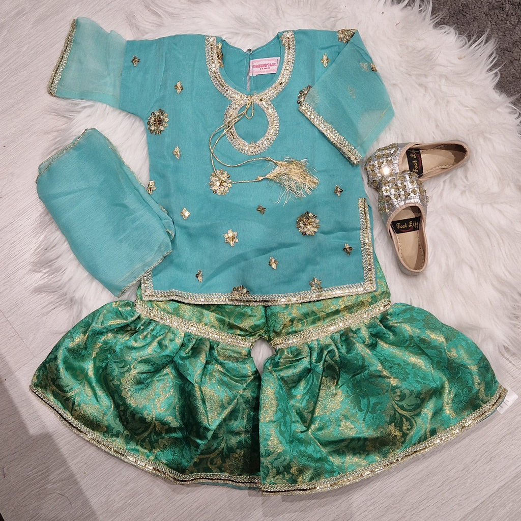 Turquoise and sea green gharara (0-4 years)
