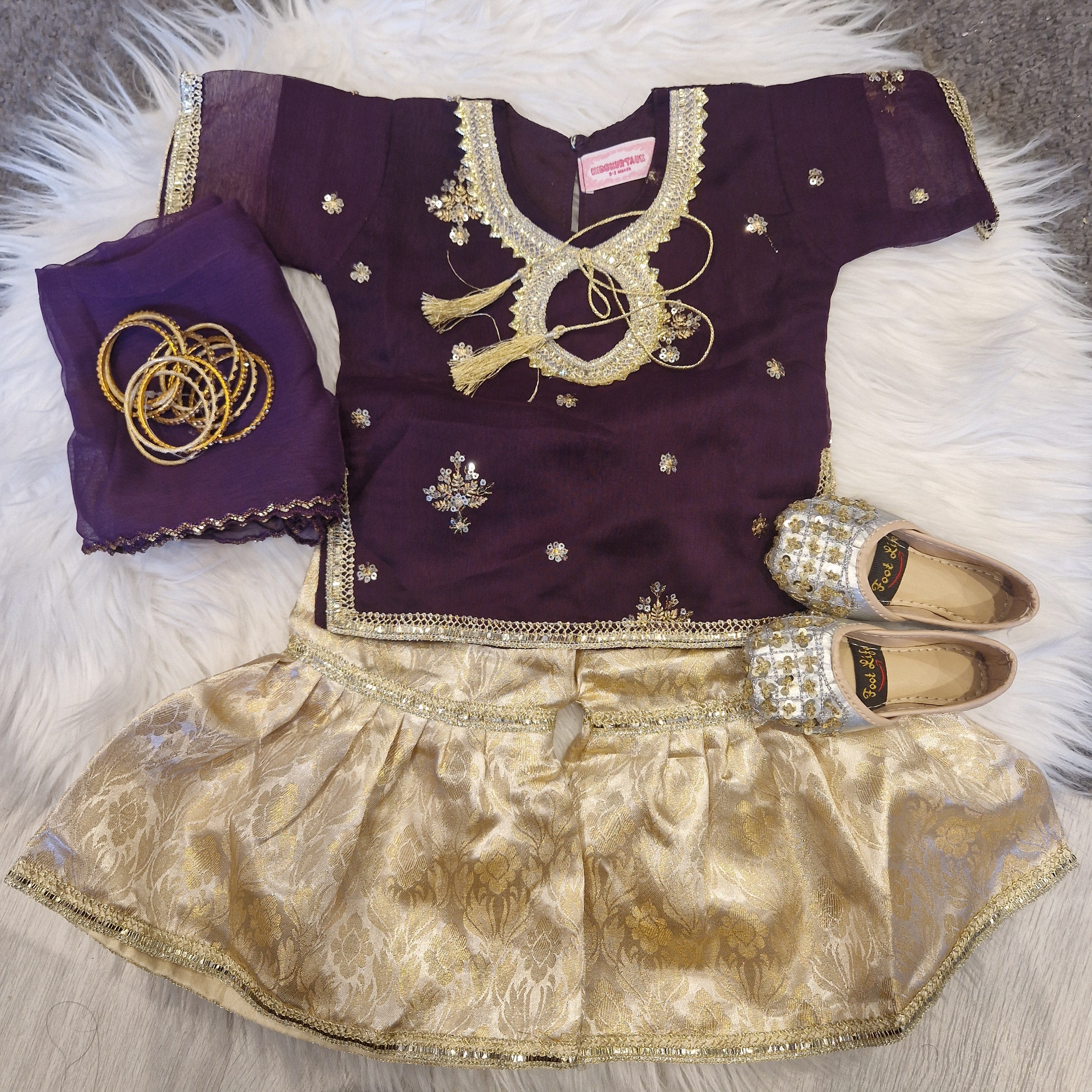Dark purple and gold gharara(0-4 years)