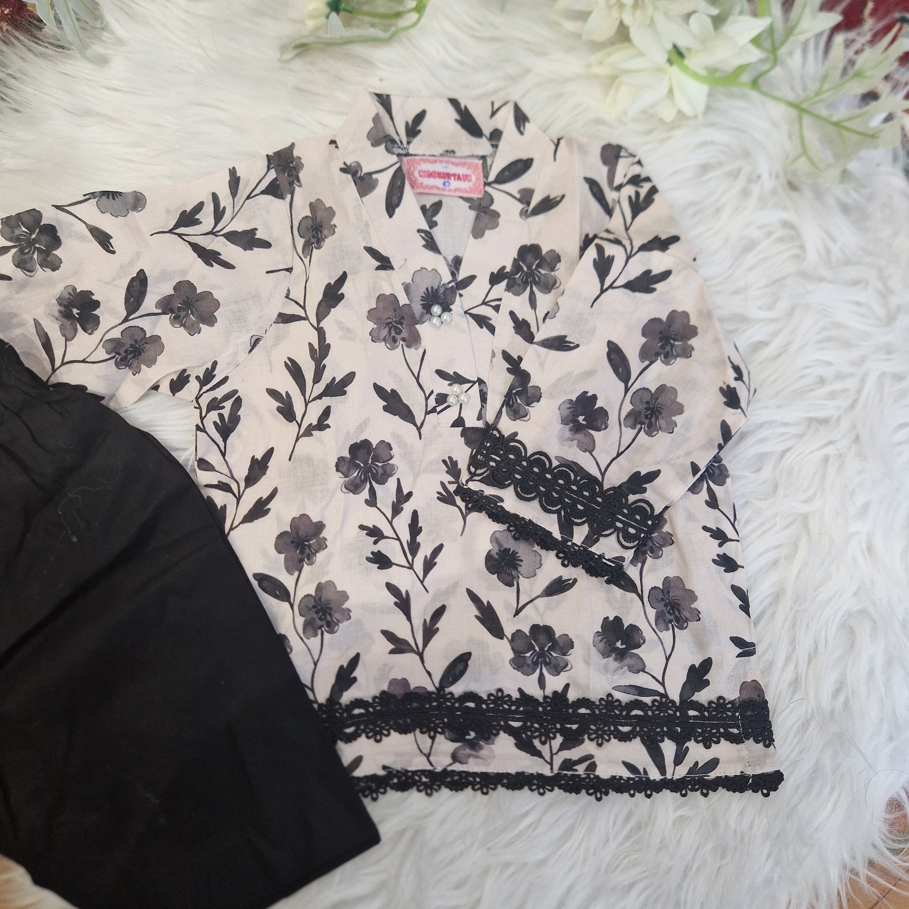 Black Lawn cotton with black trousers (newborn to 15 years)