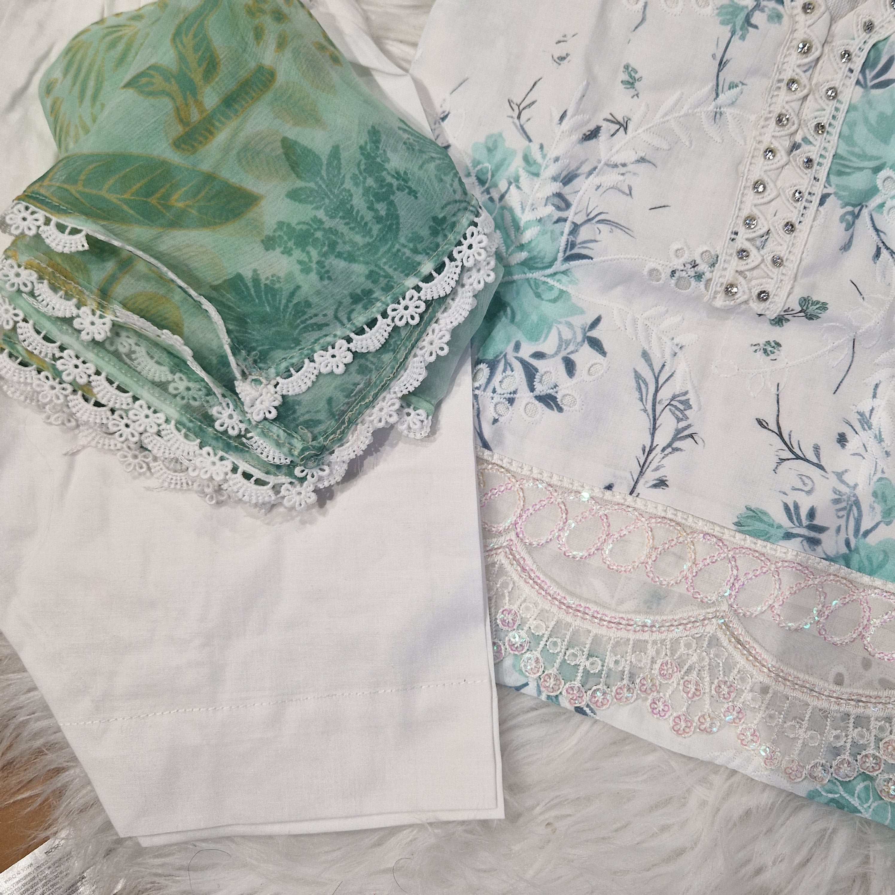 Green/white floral chiken (newborn to 2 yrs and Adult XS-XXL