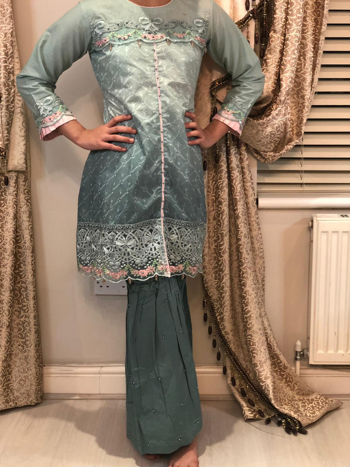 2 piece- Light Blue Beaded Gharara (10-14 yrs)