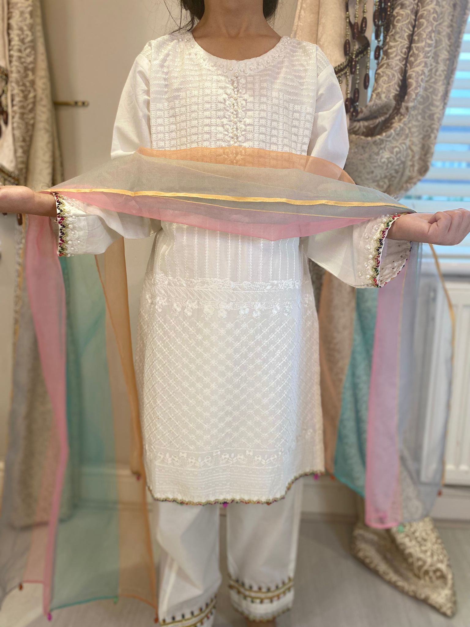 White with multi-dupatta - (11 and 14 yrs left)