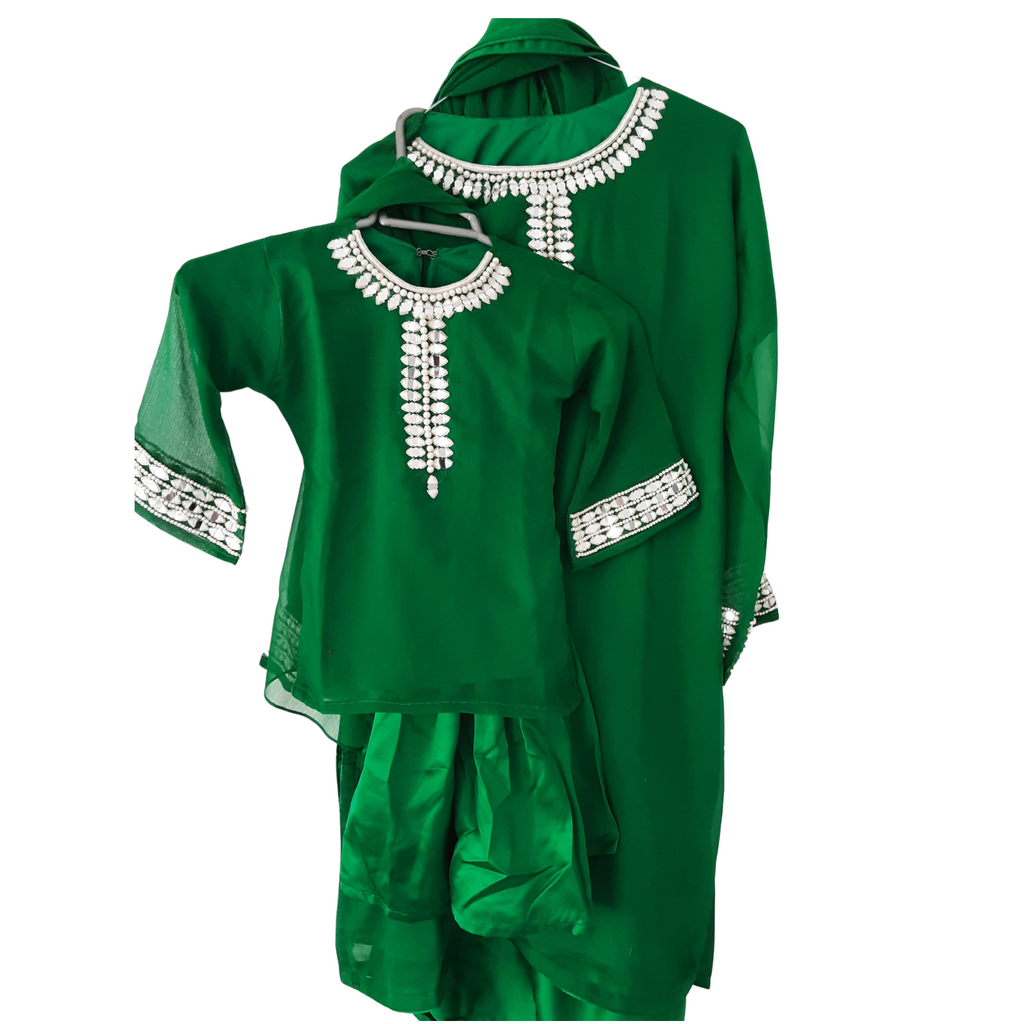 Emerald georgette and satin mother-daughter  gharara