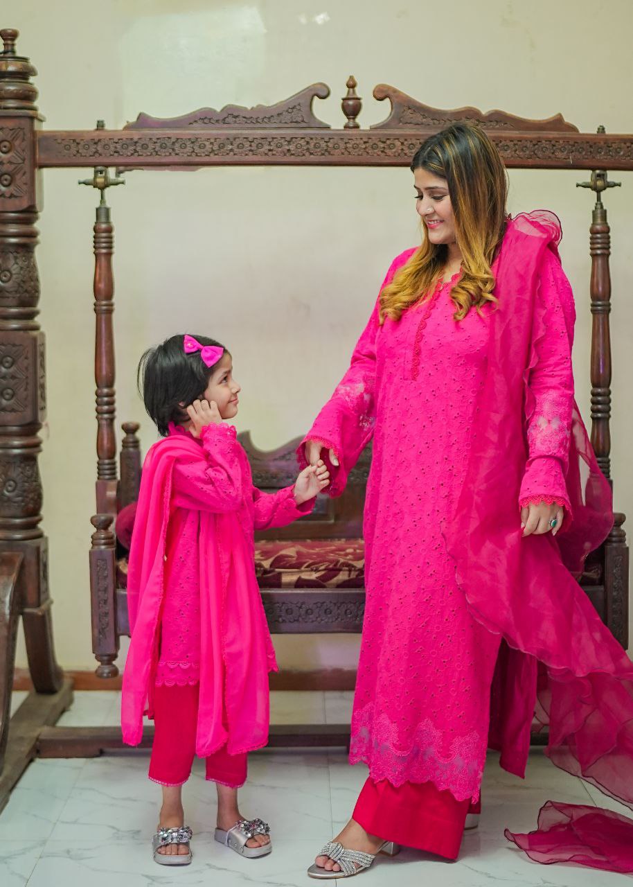 Mother daughter hot pink chikenkari (0-4 years and XS-XXL)