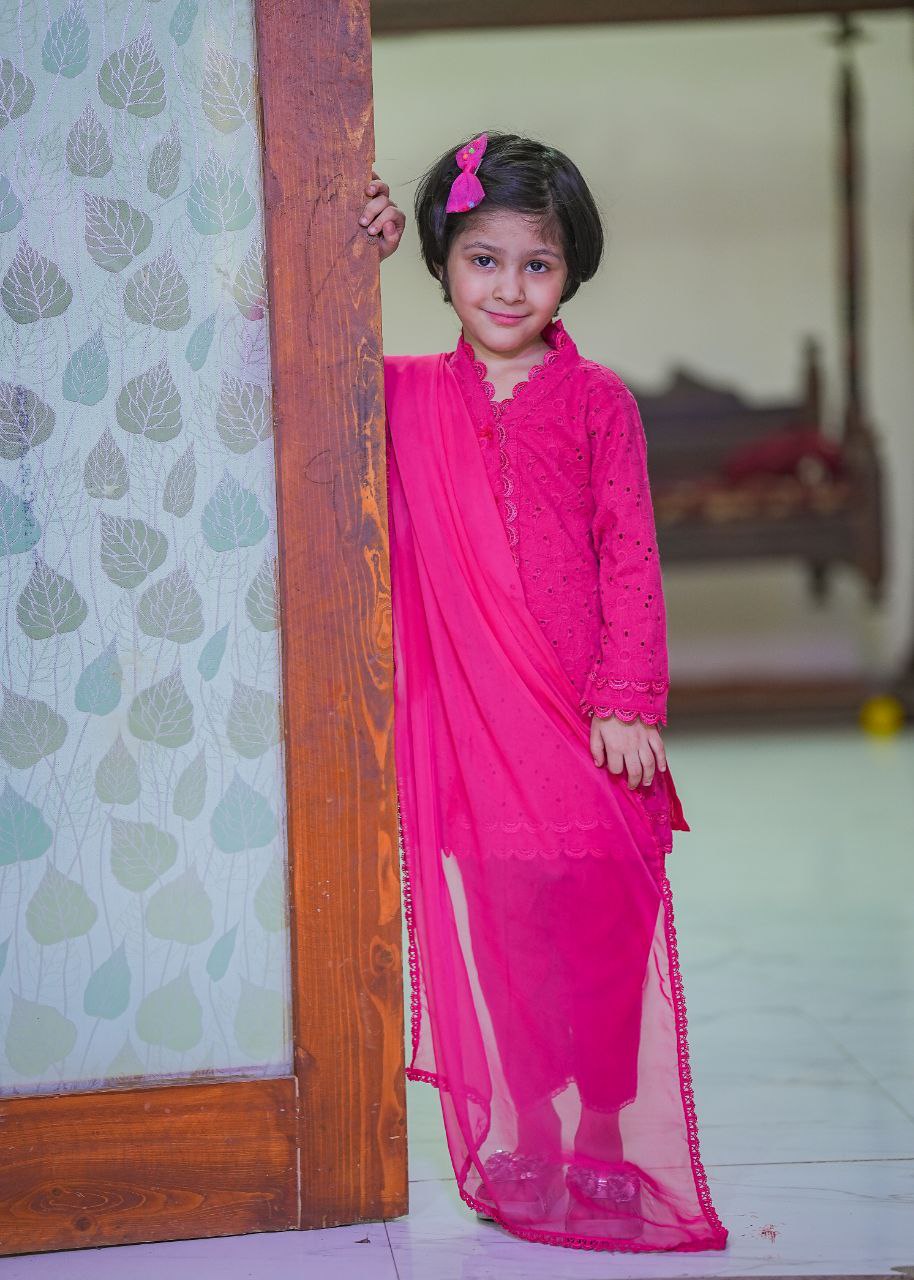 Mother daughter hot pink chikenkari (0-4 years and XS-XXL)