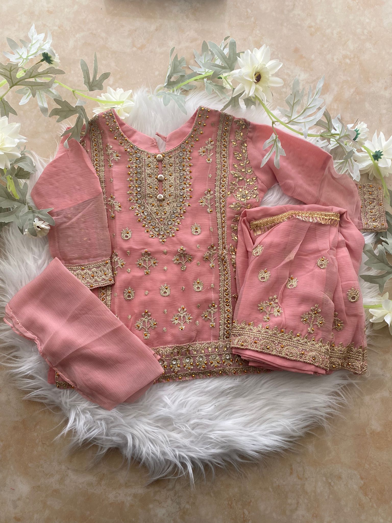 Pinky peach with gharara (3-6 months to 3-4)