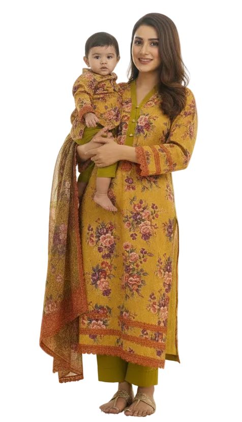 Mother Daughter- Yellow Chiken and Korean lawn (0-6 years Adult XS-XXL)-