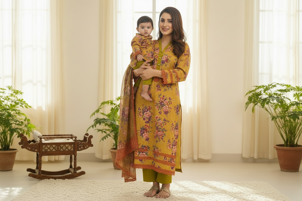 Mother Daughter- Yellow Chiken and Korean lawn (0-6 years Adult XS-XXL)-