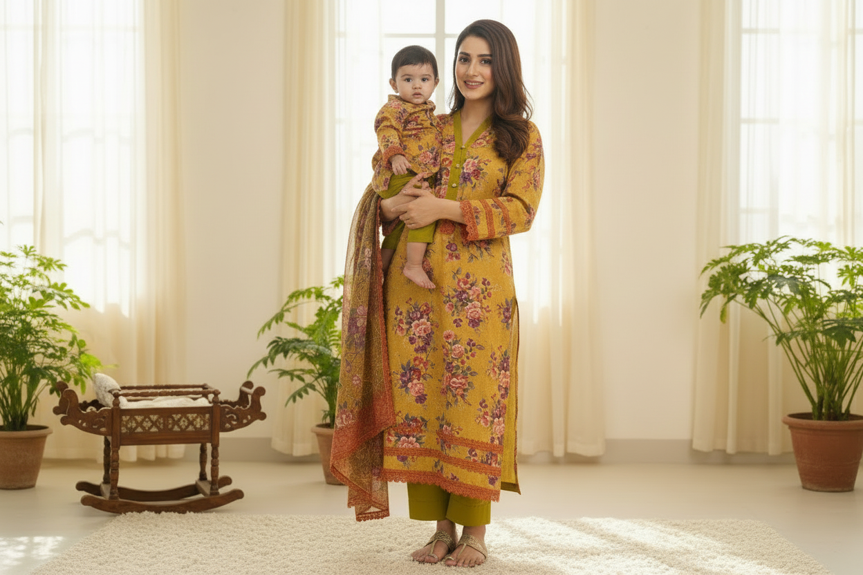 Mother Daughter- Yellow Chiken and Korean lawn (0-6 years Adult XS-XXL)-
