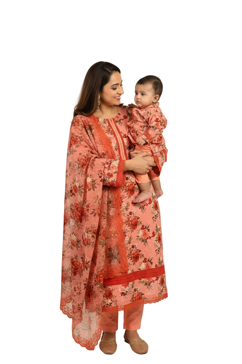 Mother Daughter - Coral Chiken and Korean lawn (0-6 years Adult XS-XXL)-