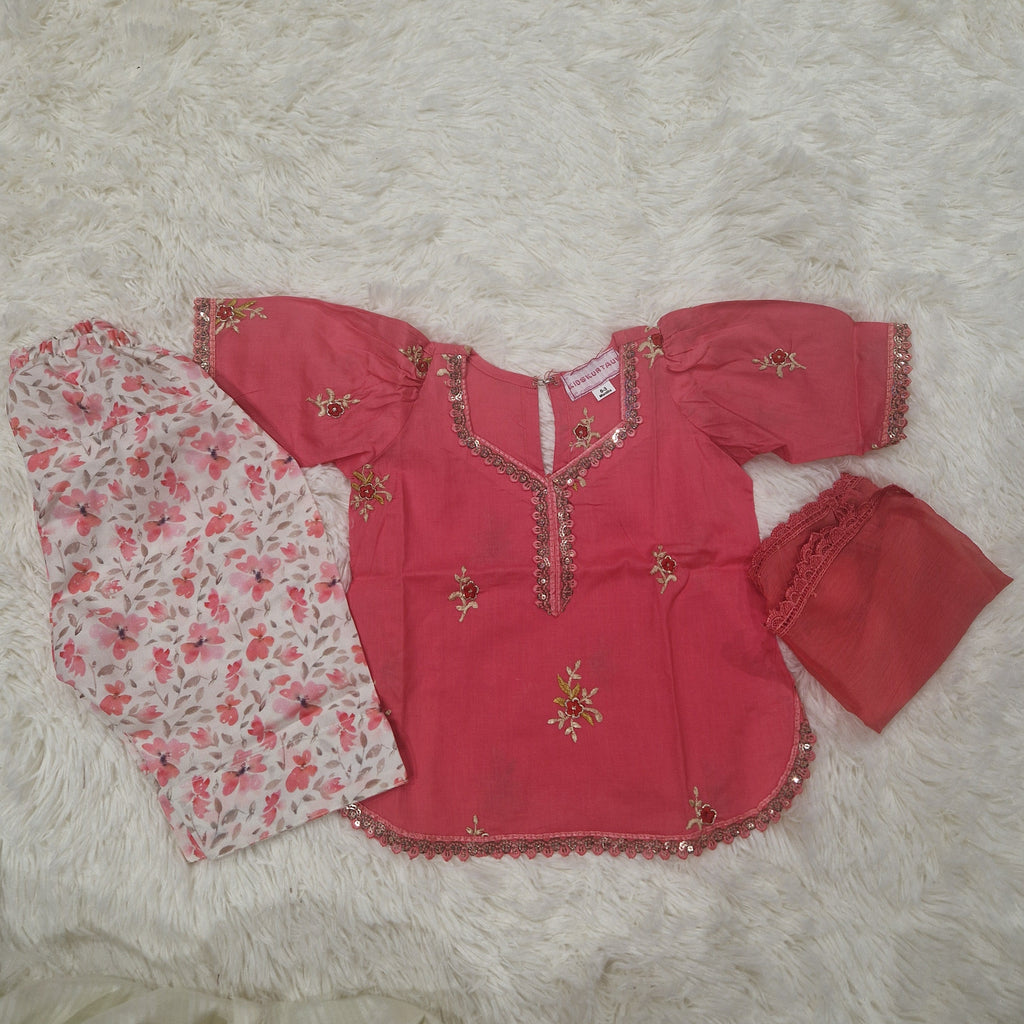 Pink puffed sleeved with farshi shalwar (0-3 months to 2-3 years)