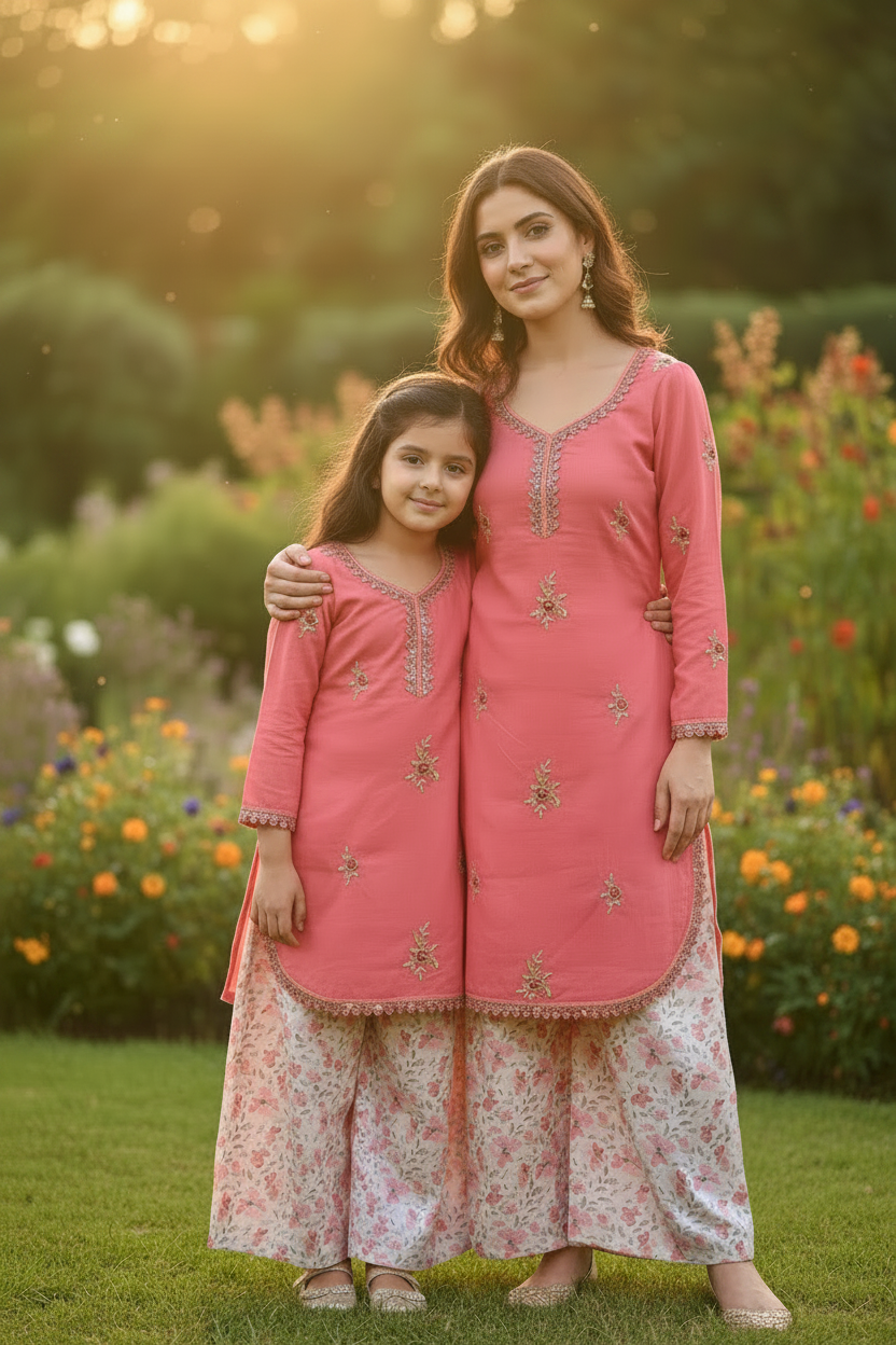 Pink puffed sleeved with farshi shalwar (0-3 months to 2-3 years)