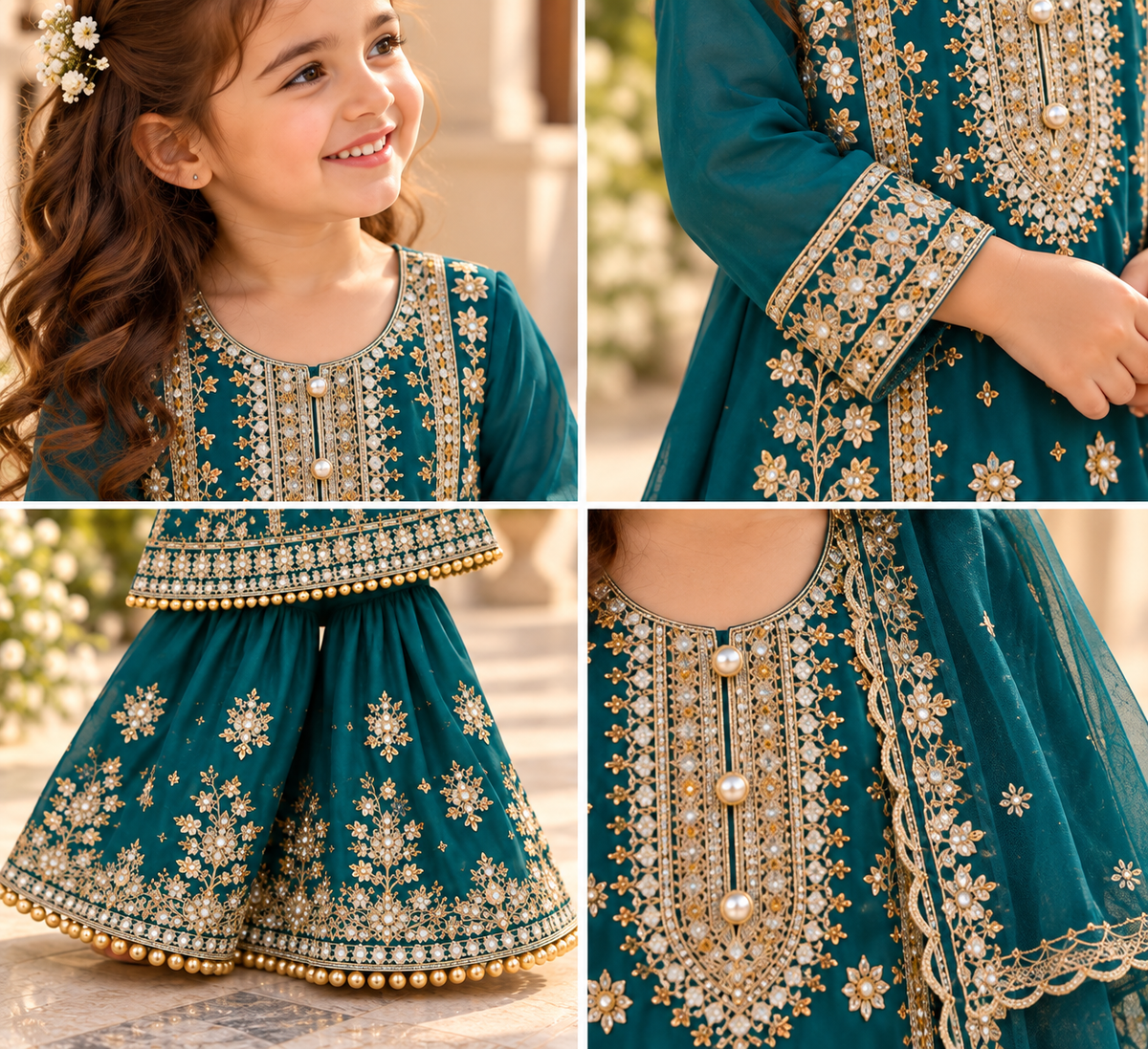 Teal organza gharara (0-3 months to 3-4 years)