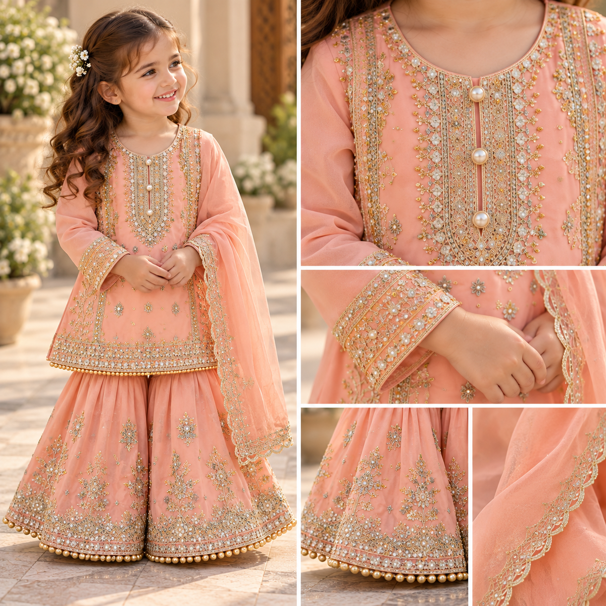 Pink organza gharara (0-3 months to 3-4 years)