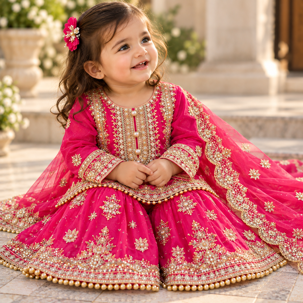 Fuschia organza gharara (0-3 months to 3-4 years)