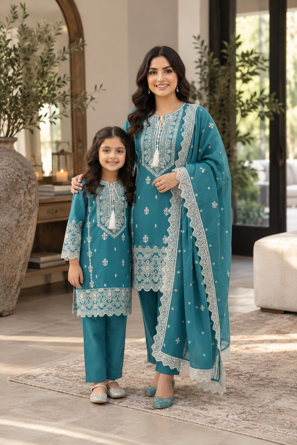 Teal Mother daughter cotton suit (2 years - Adult XL)