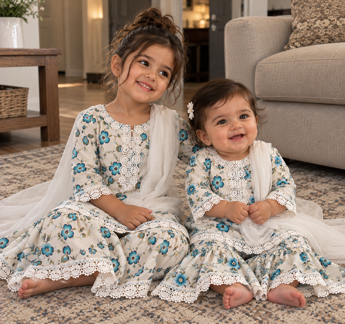 Turquoise/ white floral gharara (0-3 months to 3-4 years)