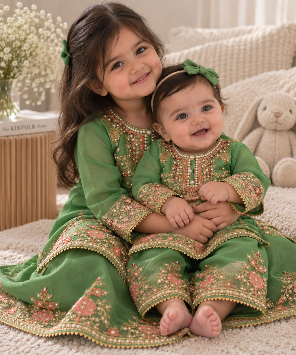 Green organza sharara (0-3 months to 3-4 years)
