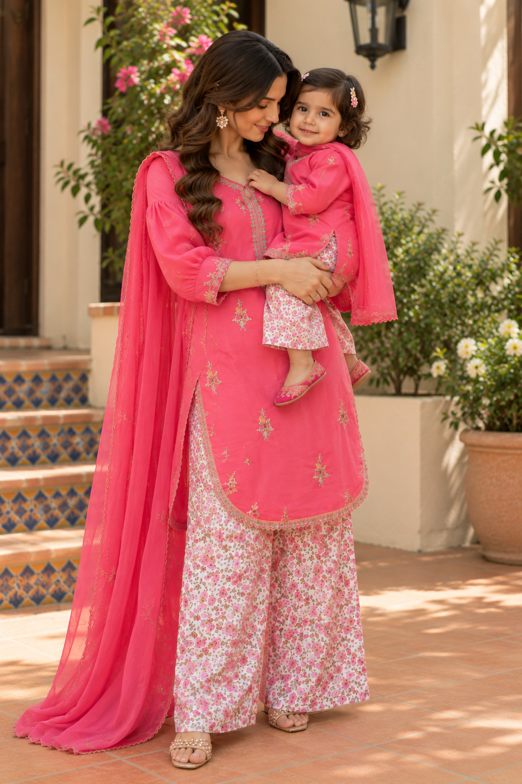 Pink puffed sleeved with farshi shalwar (0-3 months to 2-3 years)
