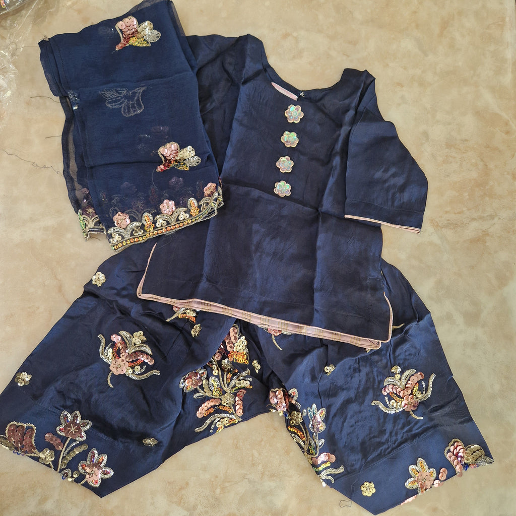 Mother Daughter- Navy silk embroidered Farshi shalwar  0-3 months to XXL