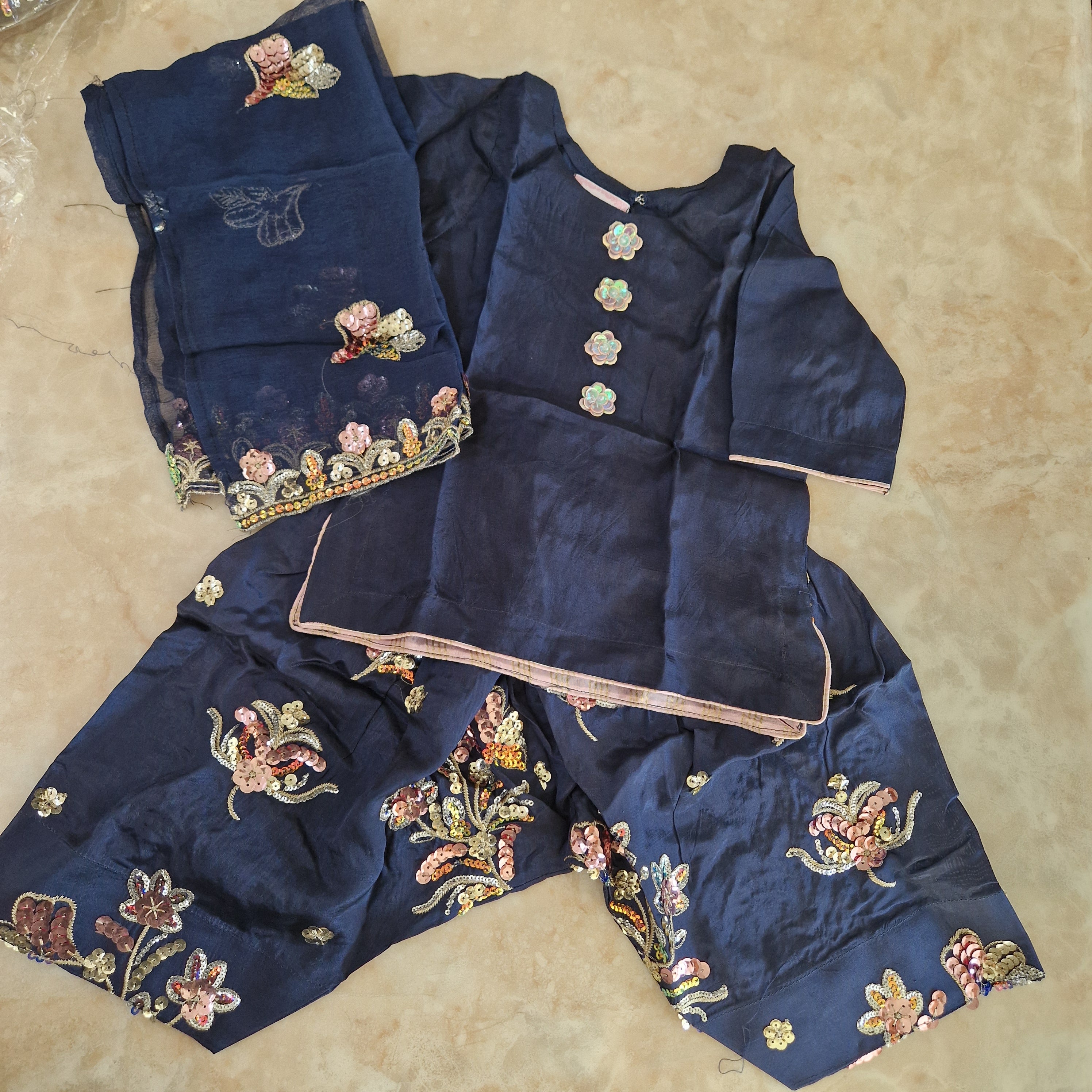 Mother Daughter- Navy silk embroidered Farshi shalwar  0-3 months to XXL