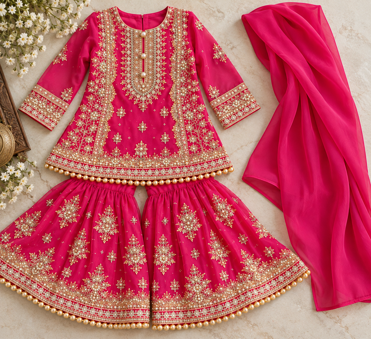Fuschia organza gharara (0-3 months to 3-4 years)