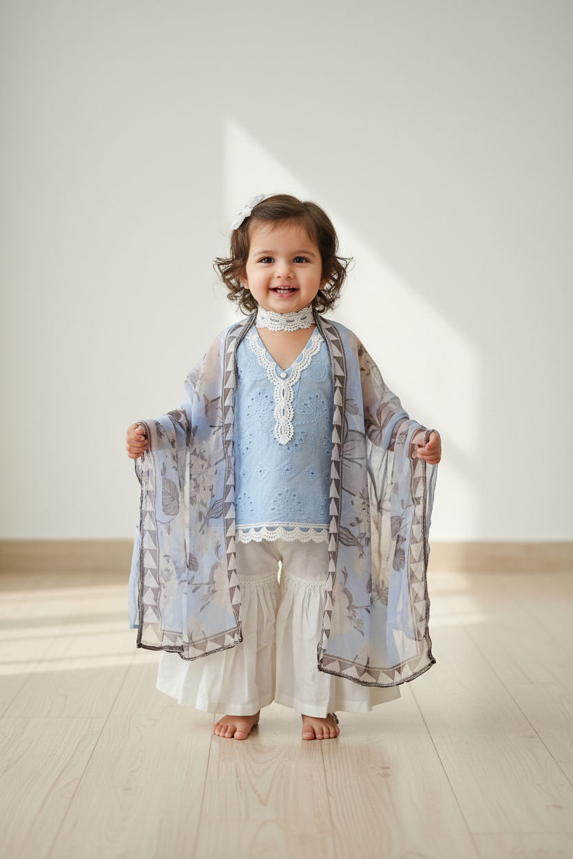 🩵Shaila Powder blue gharara(0-3 months to Adult XXL)
