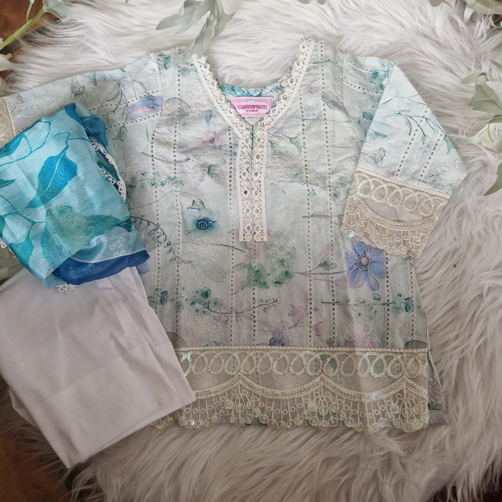 Green floral chikenkari 3 piece (3 months, 3 yrs 4 yrs adult xxl))