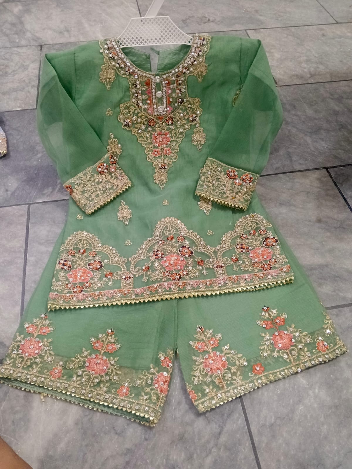 Green organza sharara (0-3 months to 3-4 years)