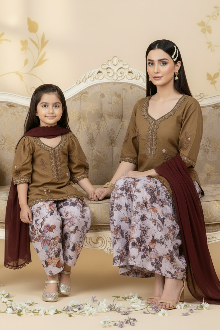 Brown puffed sleeved with farshi shalwar (0-3 months to 2-3 years)
