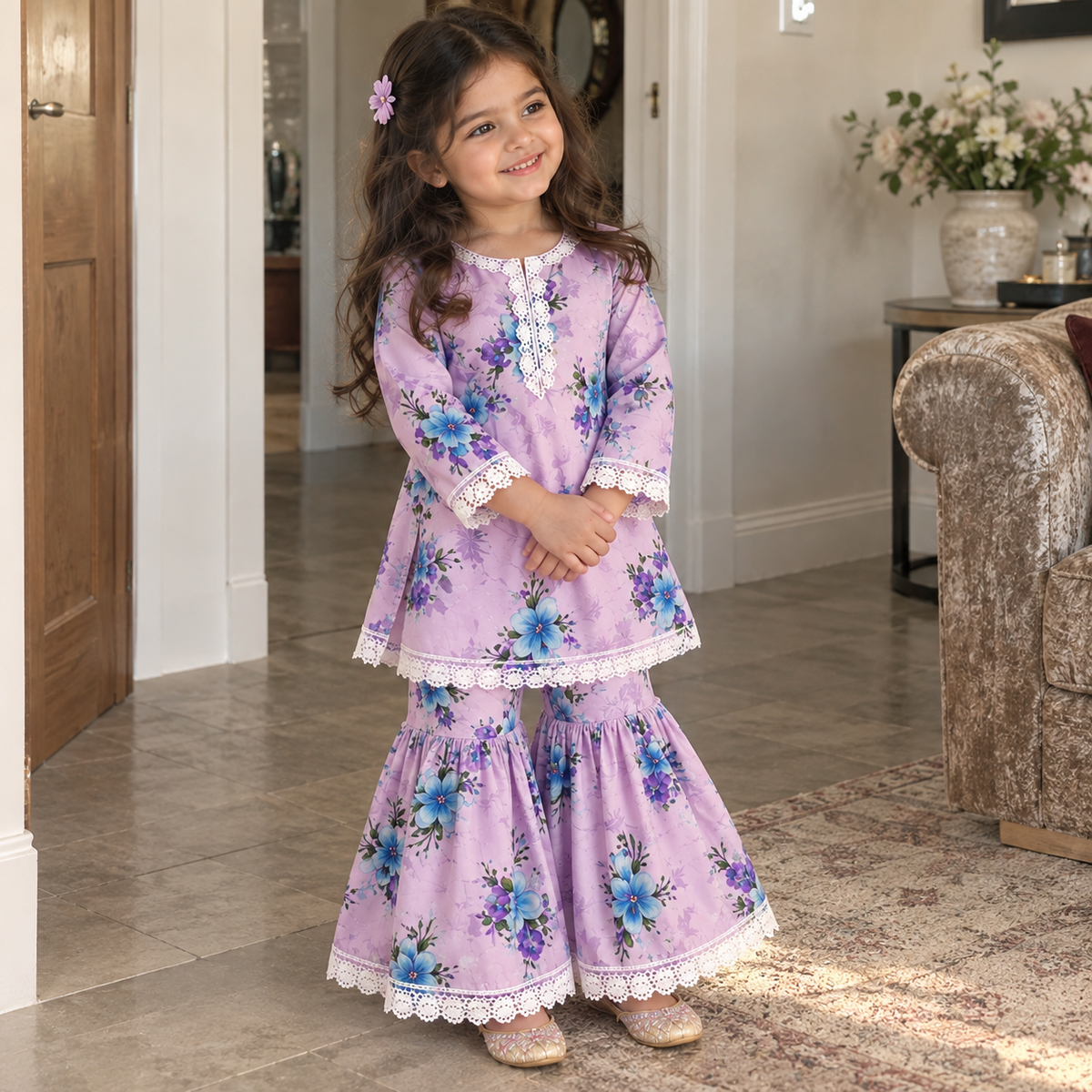 Lilac floral gharara (0-3 months to 3-4 years)
