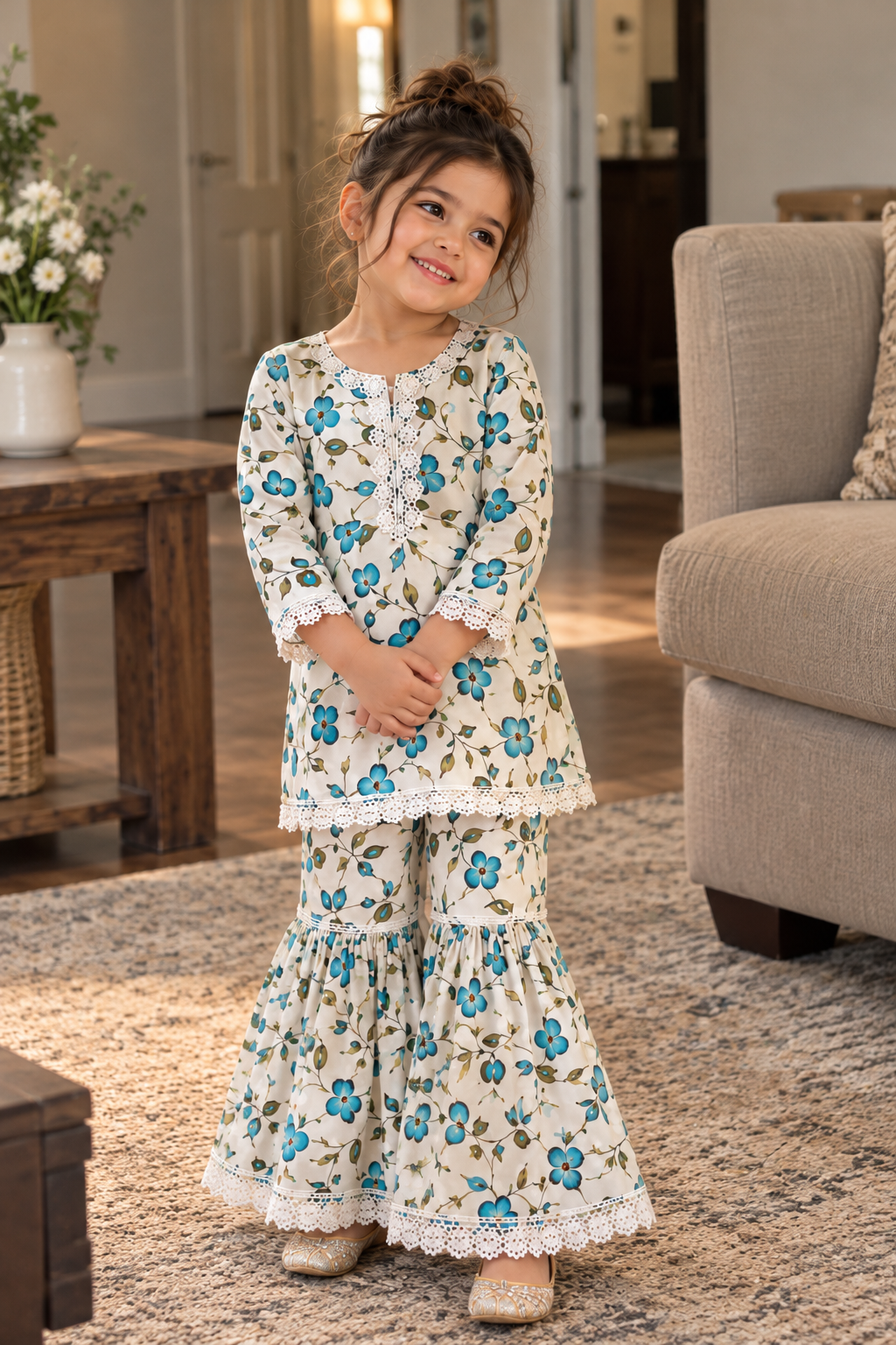 Turquoise/ white floral gharara (0-3 months to 3-4 years)