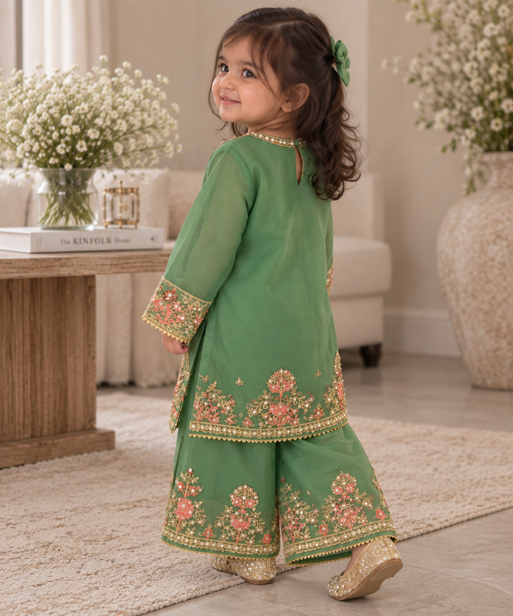 Green organza sharara (0-3 months to 3-4 years)