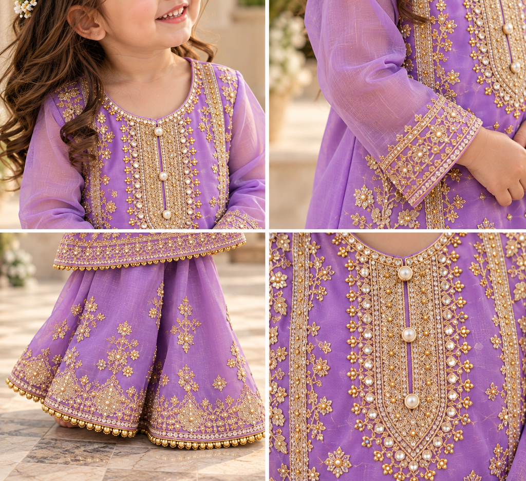 Lilac organza gharara (0-3 months to 3-4 years)