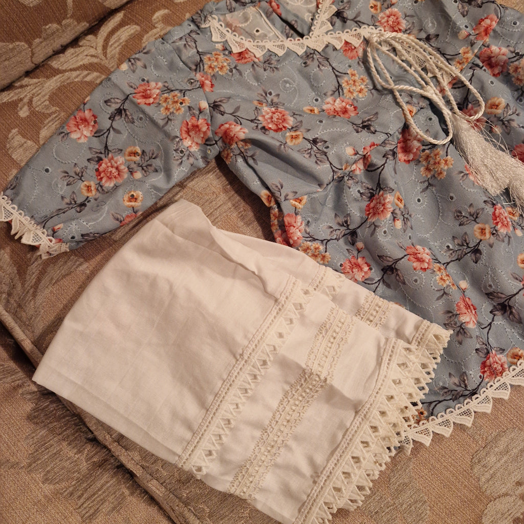 Blue floral chicken frock- 3 piece (3-6 months,  6-9 months and 1-2 years)