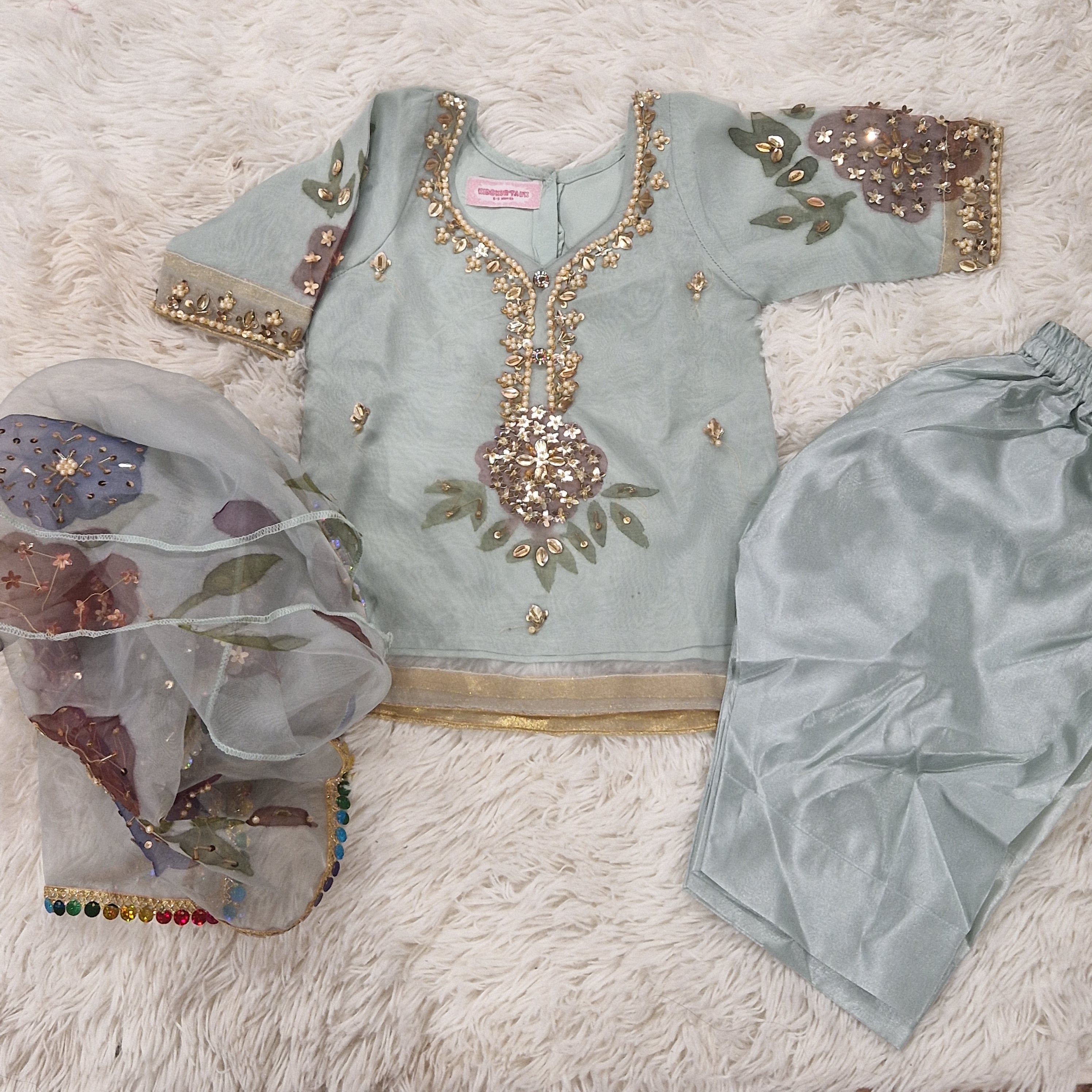Mother Daughter -Minty organza with handpainted dupatta  (0-XXL)