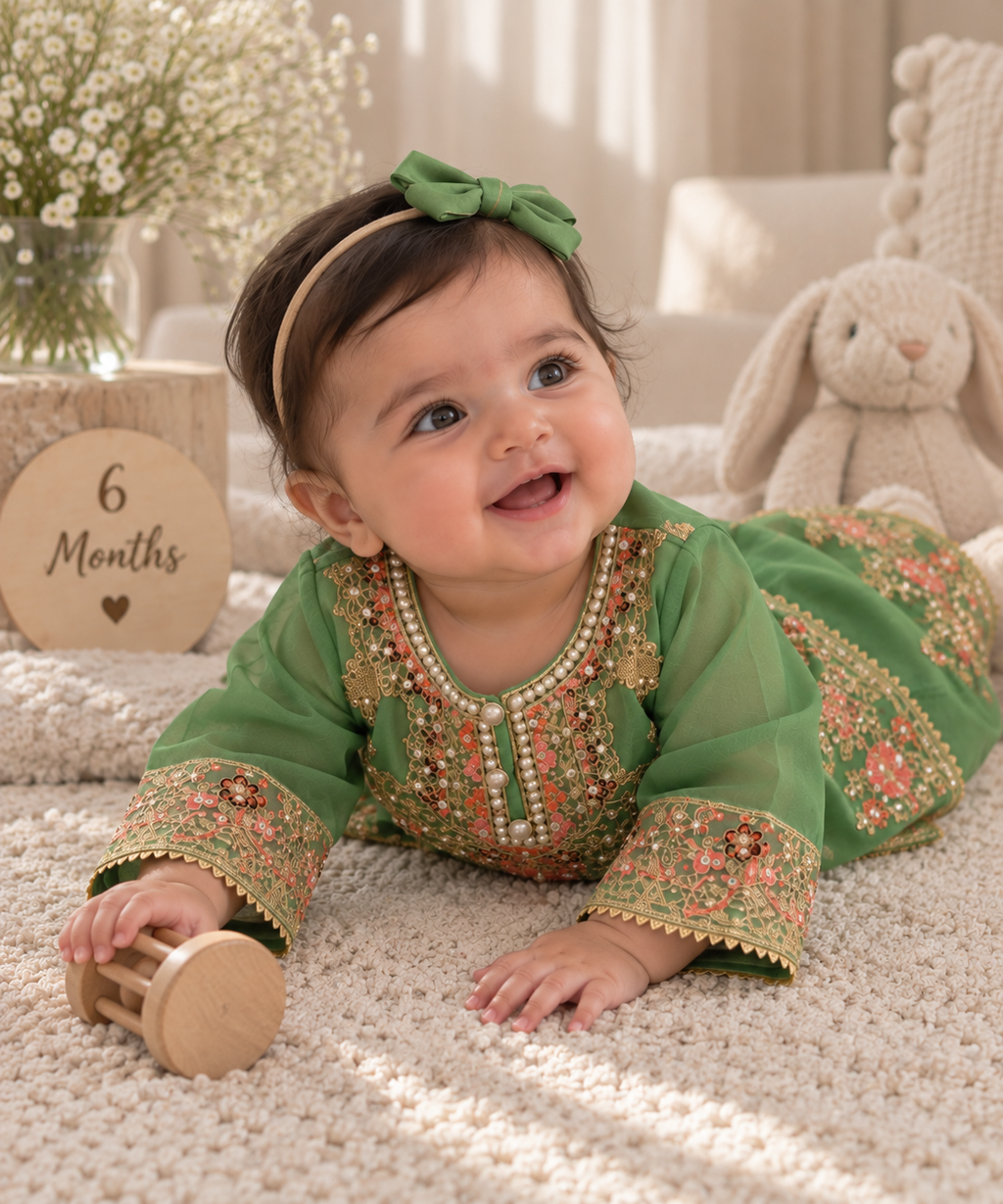 Green organza sharara (0-3 months to 3-4 years)
