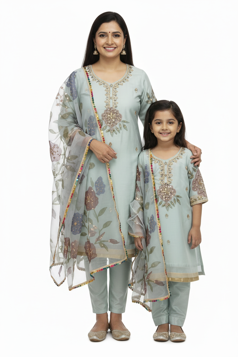 Mother Daughter -Minty organza with handpainted dupatta  (0-XXL)