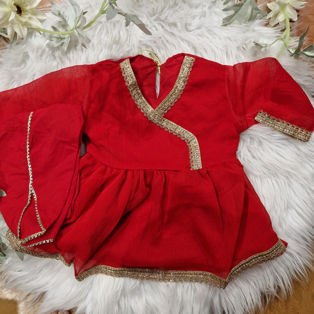 Red angharka style frock with tulip (3-6 months to 2-3 years)