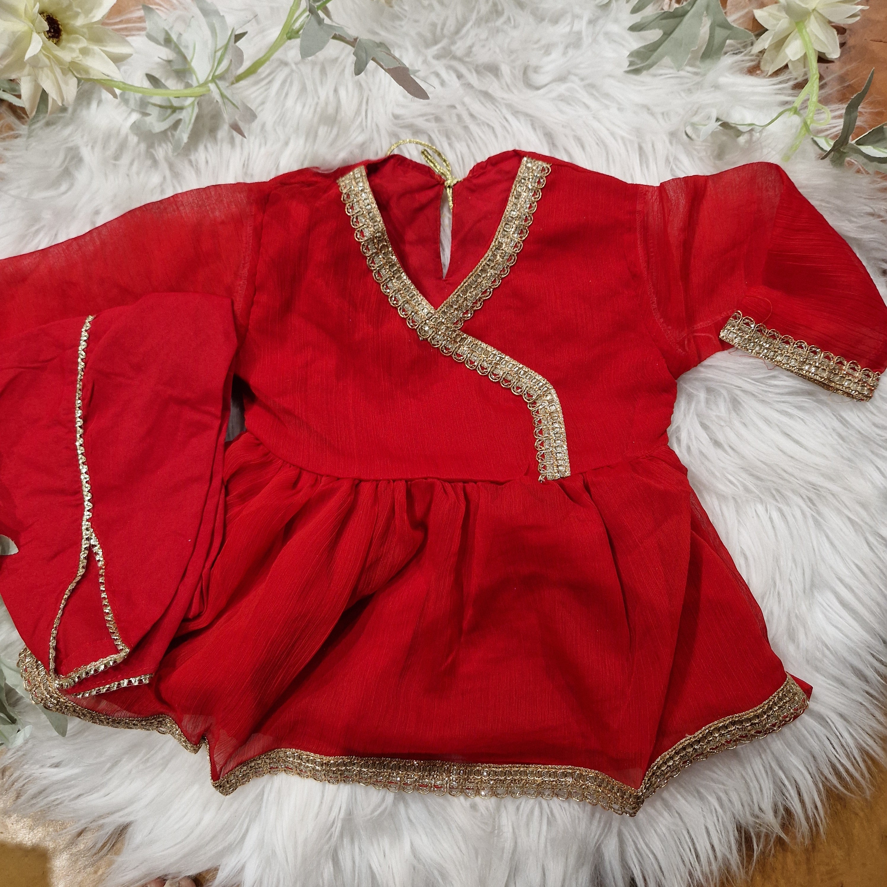 Red angharka style frock with tulip (3-6 months to 2-3 years)
