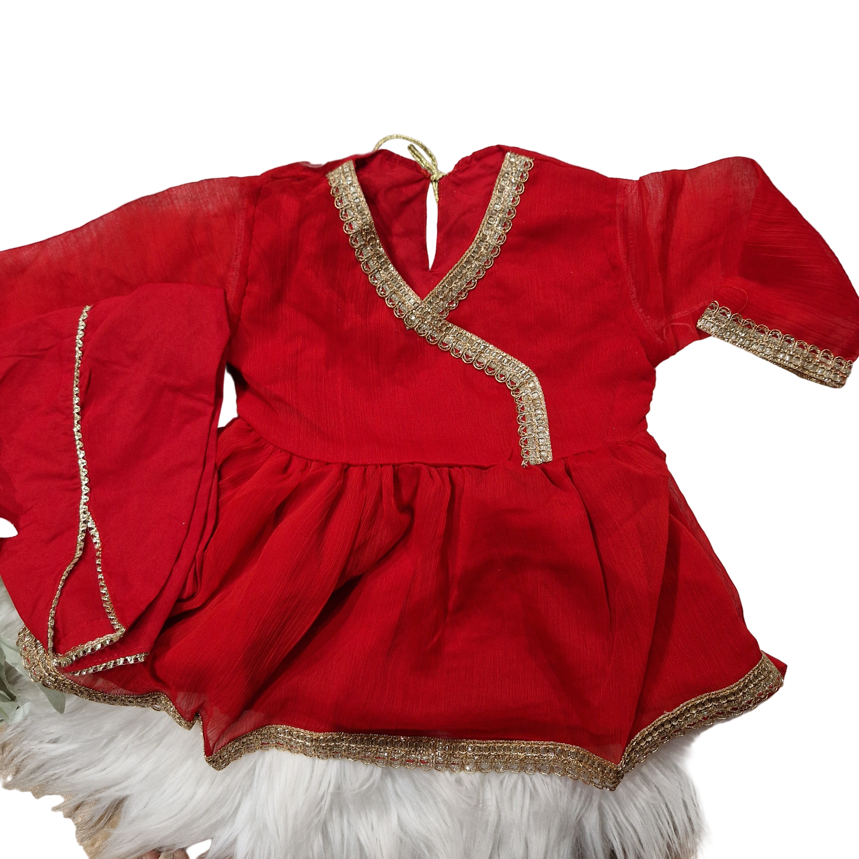 Red angharka style frock with tulip (3-6 months to 2-3 years)