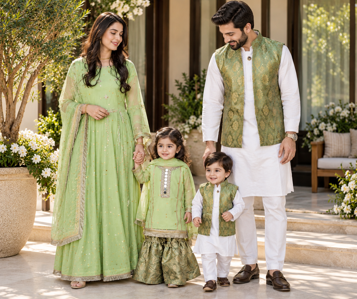 Light Green Mirrored Gharara with Matching Mum Maxi and Matching Boys
