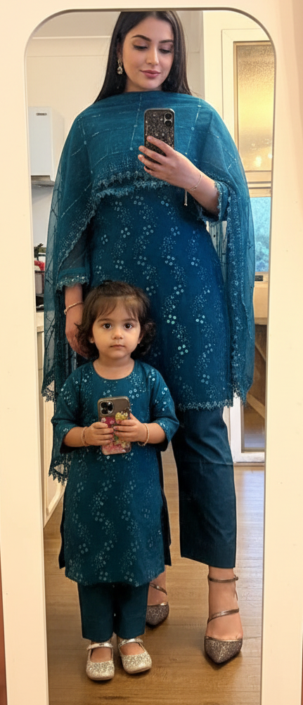 Mother daughter-Teal sequinned (0-3 months to 2-3 years)(mum xs to xl)