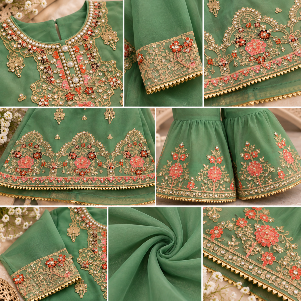 Green organza sharara (0-3 months to 3-4 years)