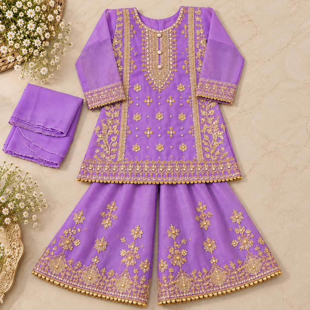 Lilac organza gharara (0-3 months to 3-4 years)